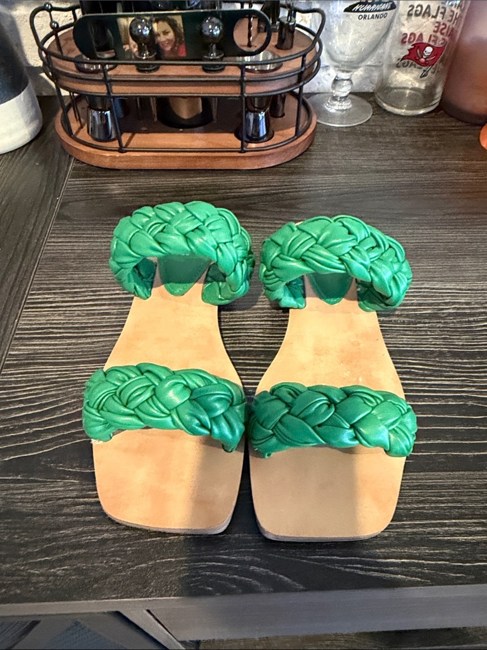 Guess Green Braided Double-Strap Slide Sandals
